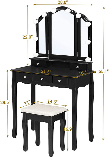 Dressing Table: LED Light Bulbs & 3 Color Lighting Modes Black Dressing Table