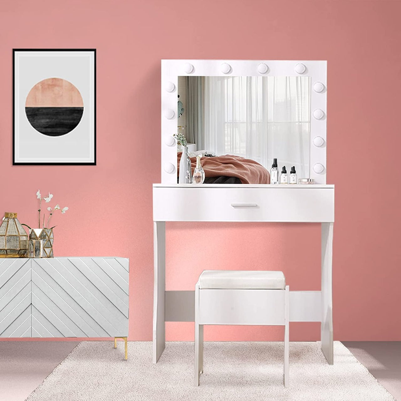 Dressing Table Vanity Set Makeup Desk with Dimmable LED Light Mirror Stool  Wood | eBay