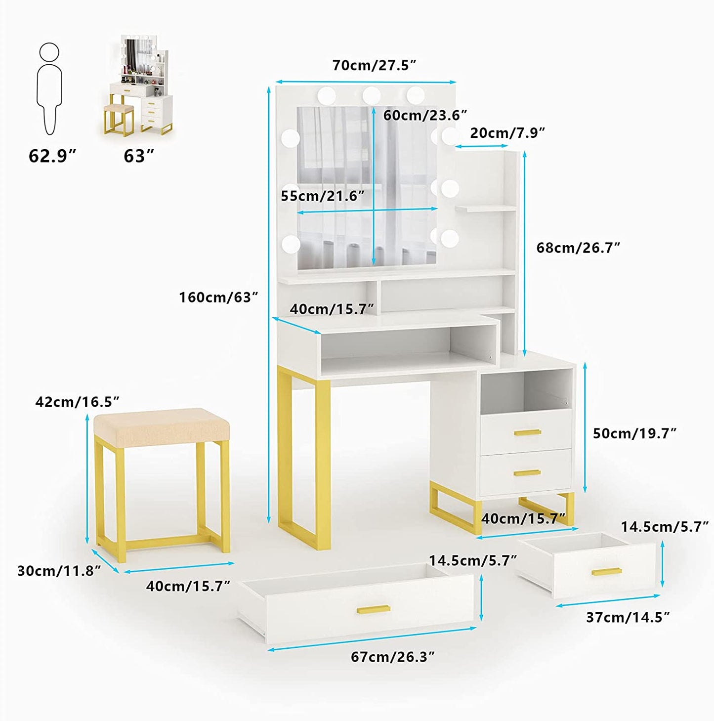 Dressing Table: Lighted Mirror White Dressing Table