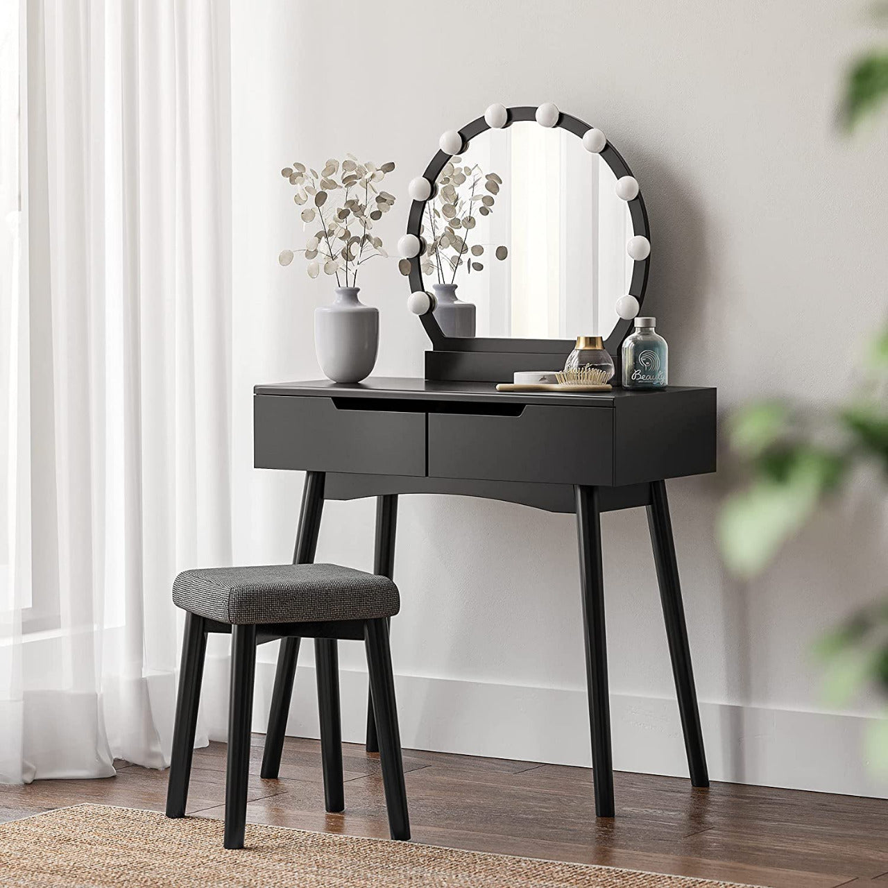 Dressing Table  Makeup Table Desk with Large Round Mirror, 2 Sliding Drawers, 1 Cushioned Stool for Bedroom, Bathroom( Black) 
