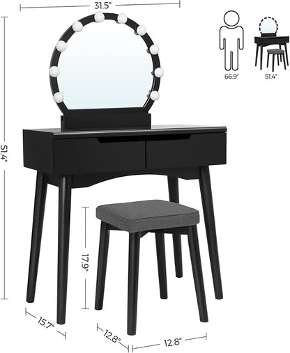 Dressing Table  Makeup Table Desk with Large Round Mirror, 2 Sliding Drawers, 1 Cushioned Stool for Bedroom, Bathroom( Black) 