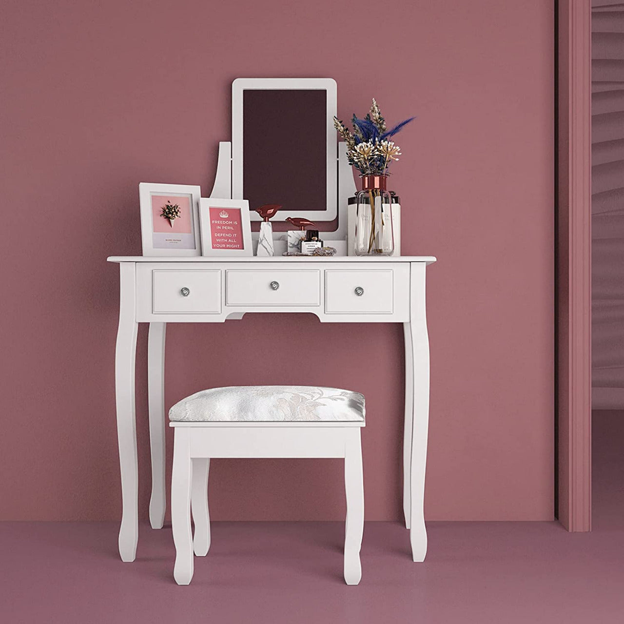 Dressing Table : Makeup Table & Cushioned Stool with 5 Drawers