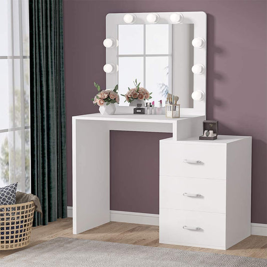 Dressing Table : Makeup Table with 3 Storage Drawers (White)