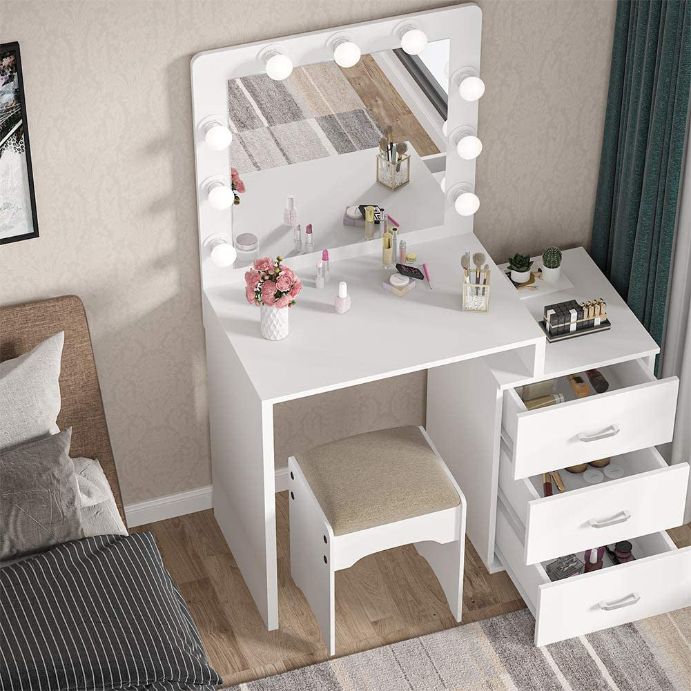 Dressing Table : Makeup Table with 3 Storage Drawers (White)