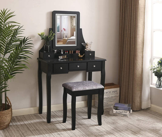 Dressing Table Makeup Vanity Makeup Table 5 Drawers 2 Dividers Removable Organizers (Black)