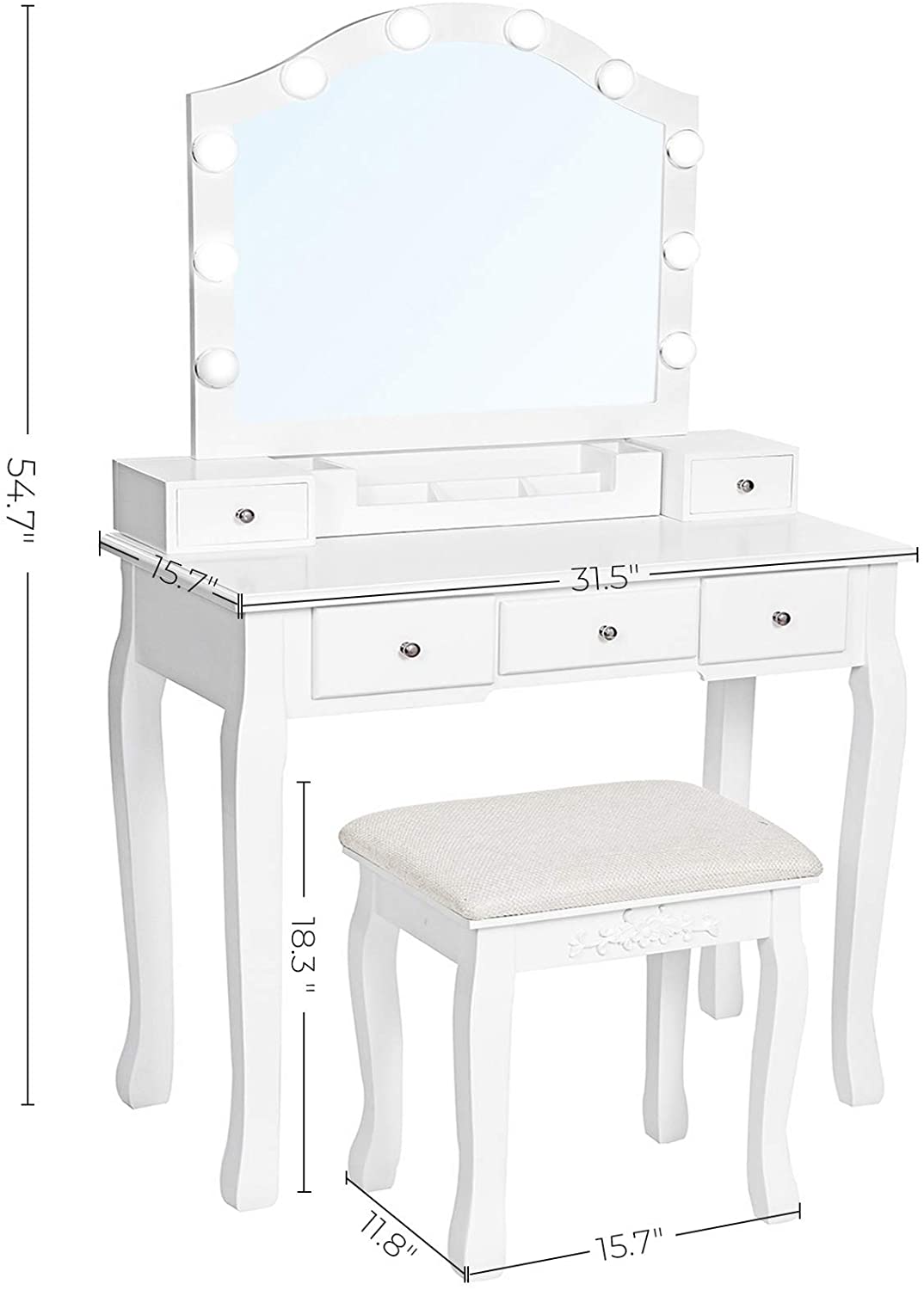 Savannah - White Dressing Table with Touch Mirror LED Light 5 Drawers Stool  Set Vanity Dresser Bedroom Furniture Makeup Jewellery Storage Organiser