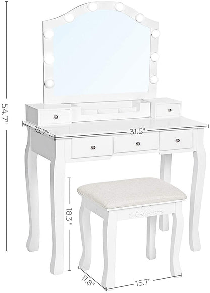 Dressing Table: Mirror, 10 Light Bulbs, 6-Slot Removable Dressing Table