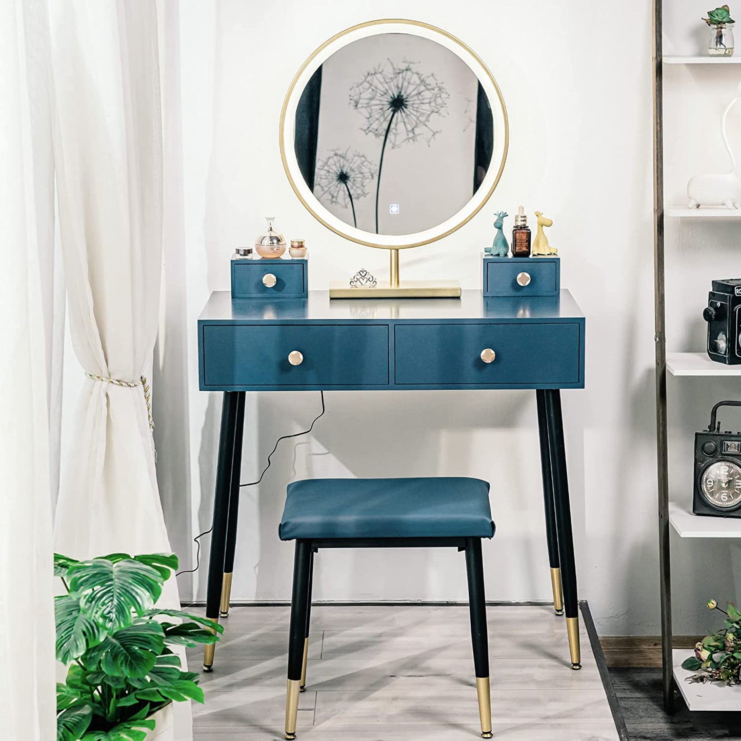 Dressing Table : Modern Blue Dressing Table with 4 Drawer & Cushion Stool