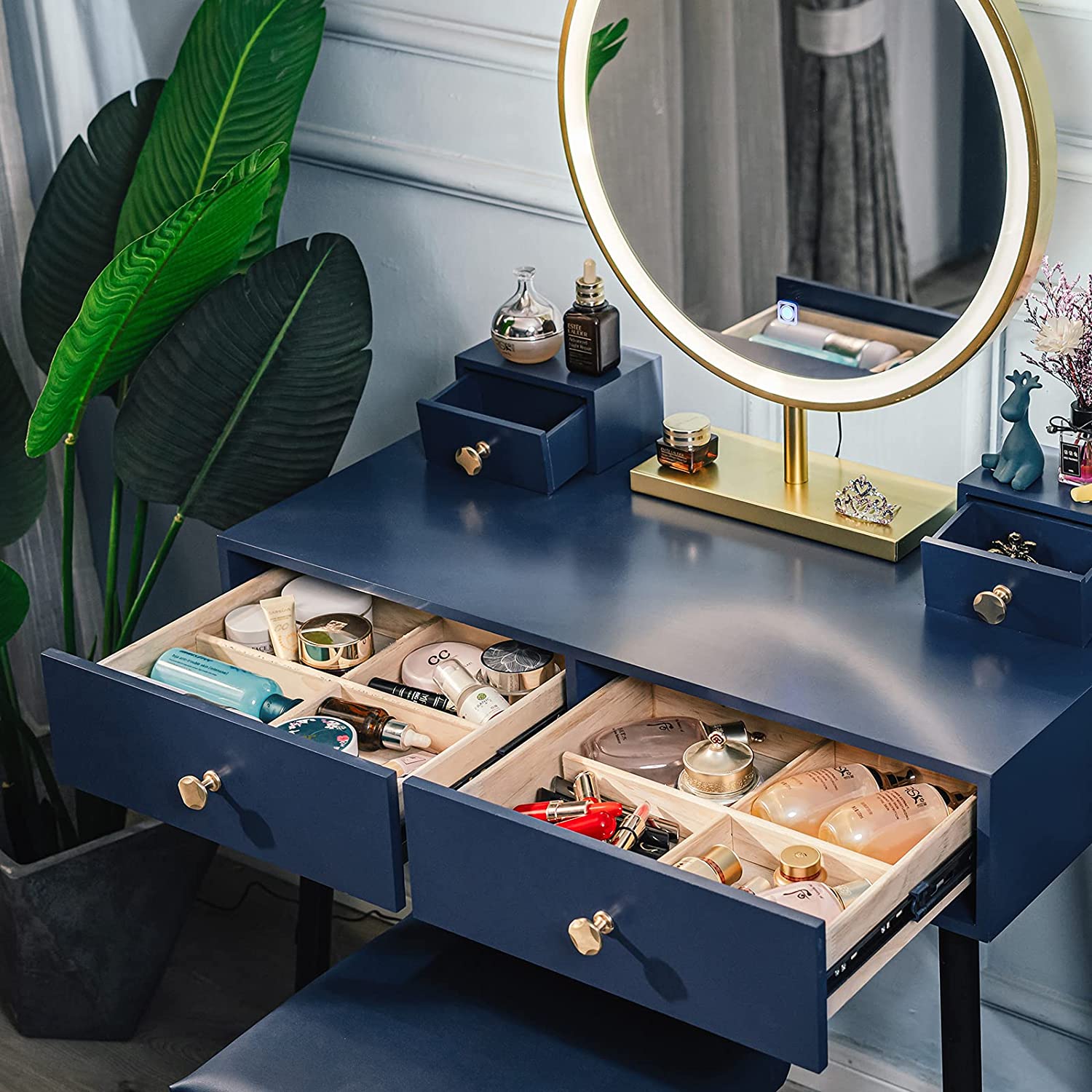 Dressing Table : Modern Blue Dressing Table with 4 Drawer & Cushion Stool