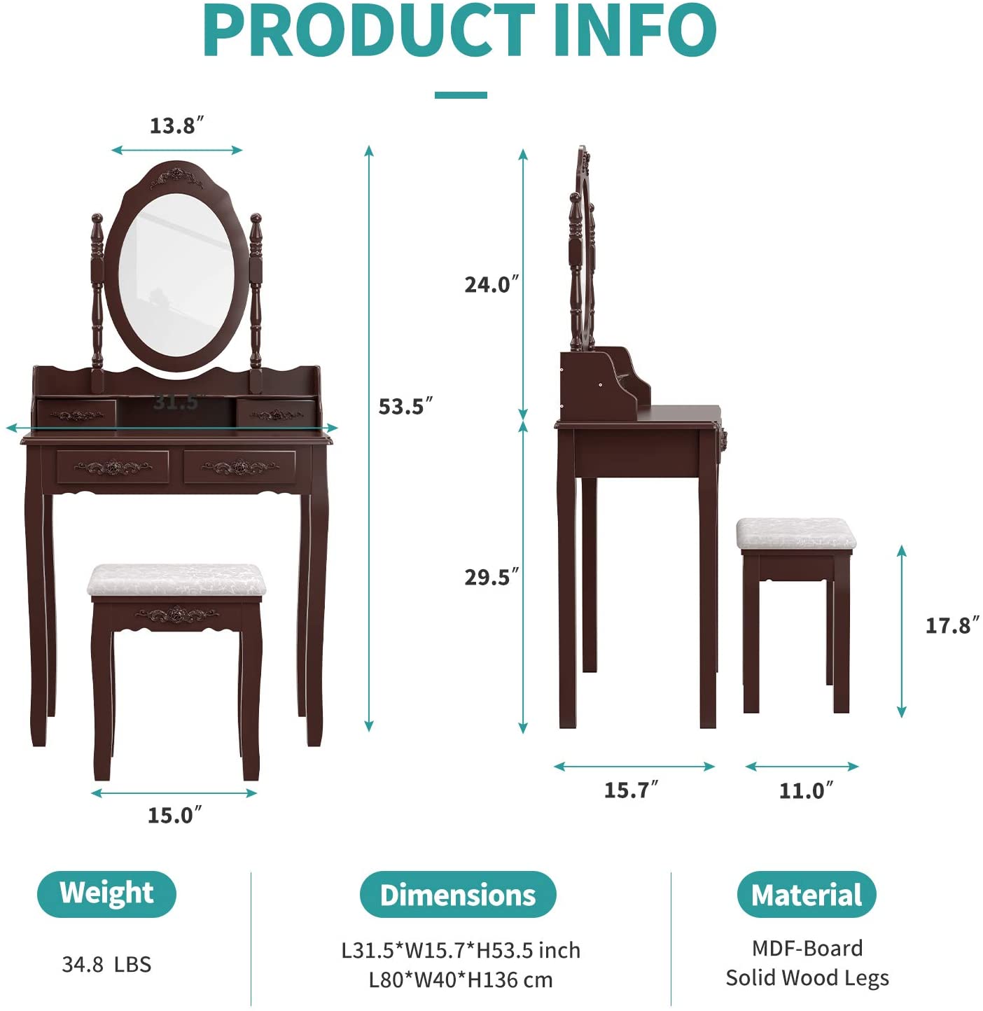 Dressing Table: Oval Mirror & Stool Black, Brown, White Dressing Table