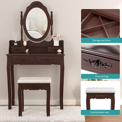 Dressing Table: Oval Mirror & Stool Black, Brown, White Dressing Table
