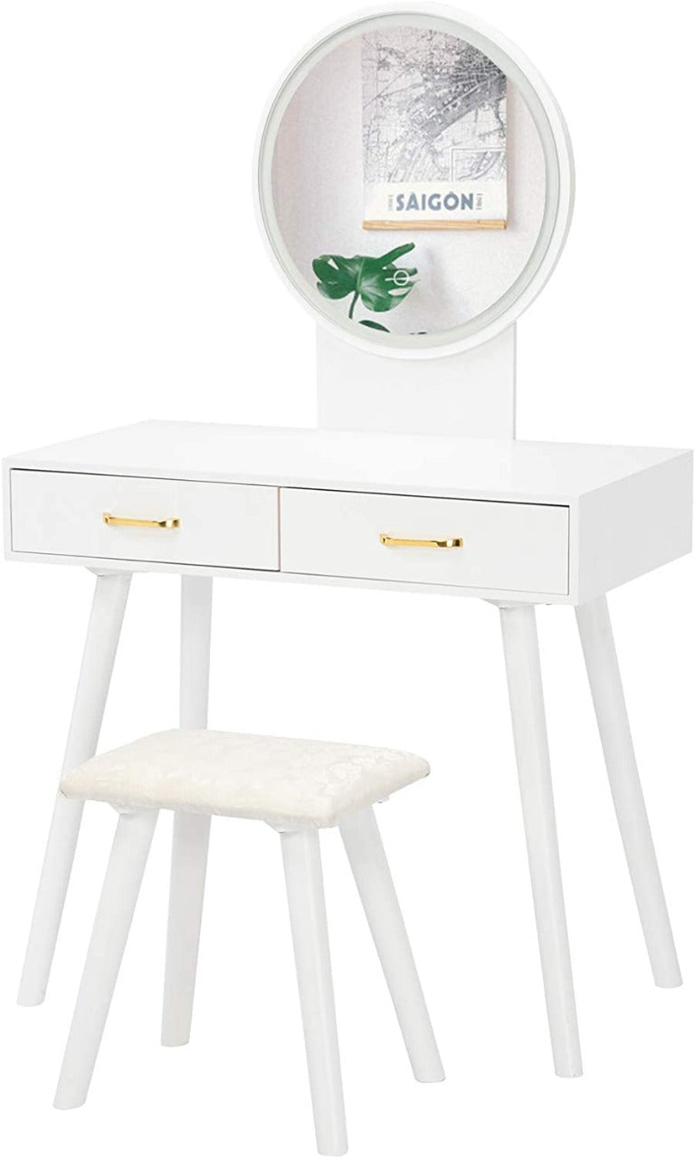 Dressing Table : Round Mirror Dressing Table with Sliding Drawers & Cushioned Stool
