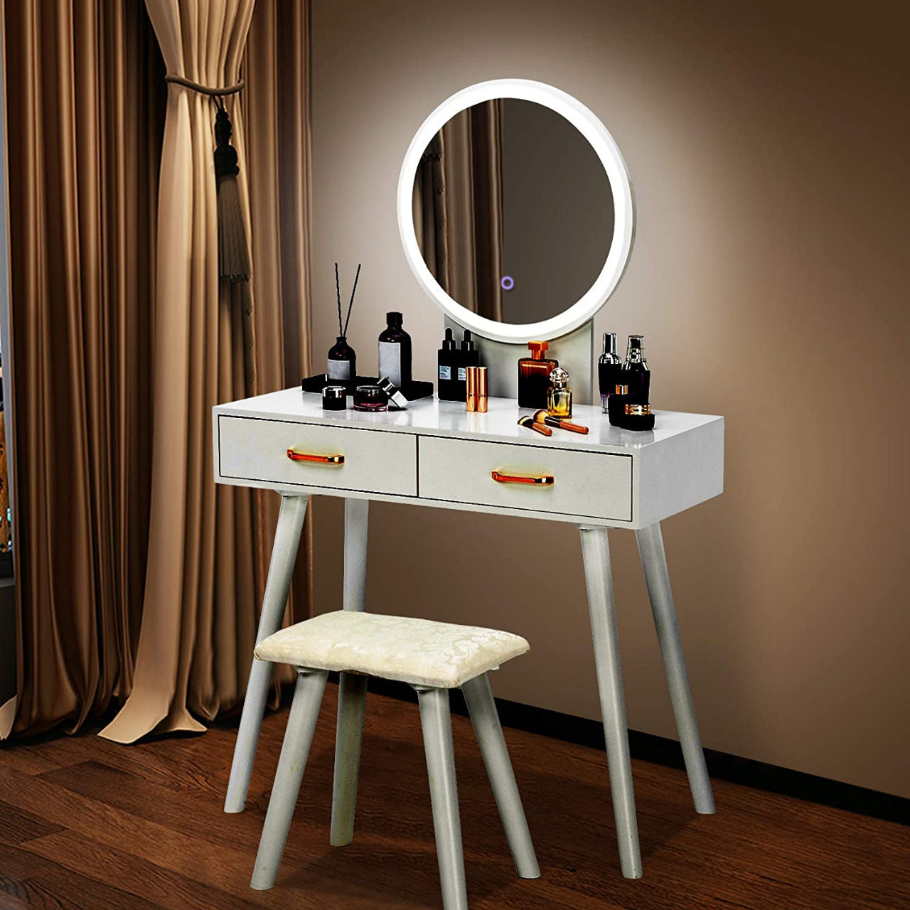 Dressing Table : Round Mirror Dressing Table with Sliding Drawers & Cushioned Stool