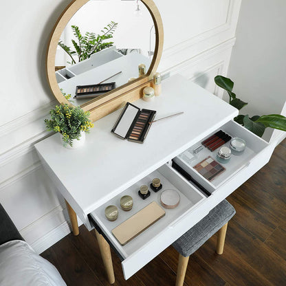 Dressing Table Rounded Mirror with 2 Drawers & Vanity Set with Upholstered Stool