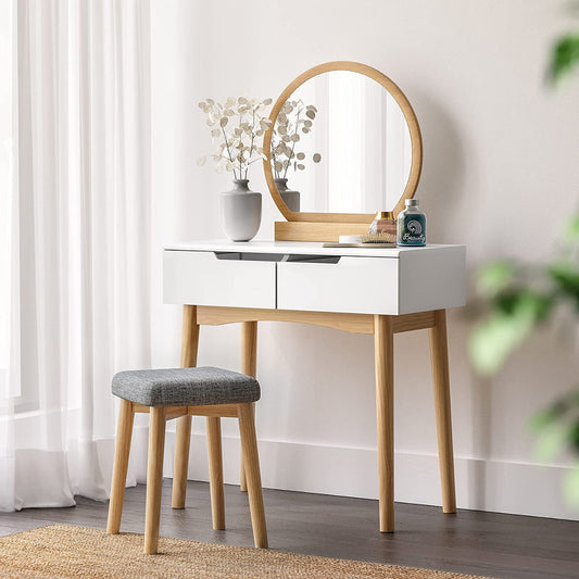 Dressing Table Rounded Mirror with 2 Drawers & Vanity Set with Upholstered Stool