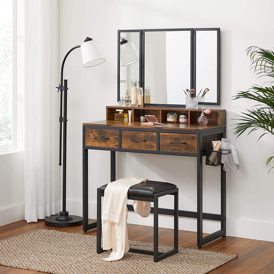 Dressing Table: Rustic Brown and Black Vanity Table with Upholstered Stool Set