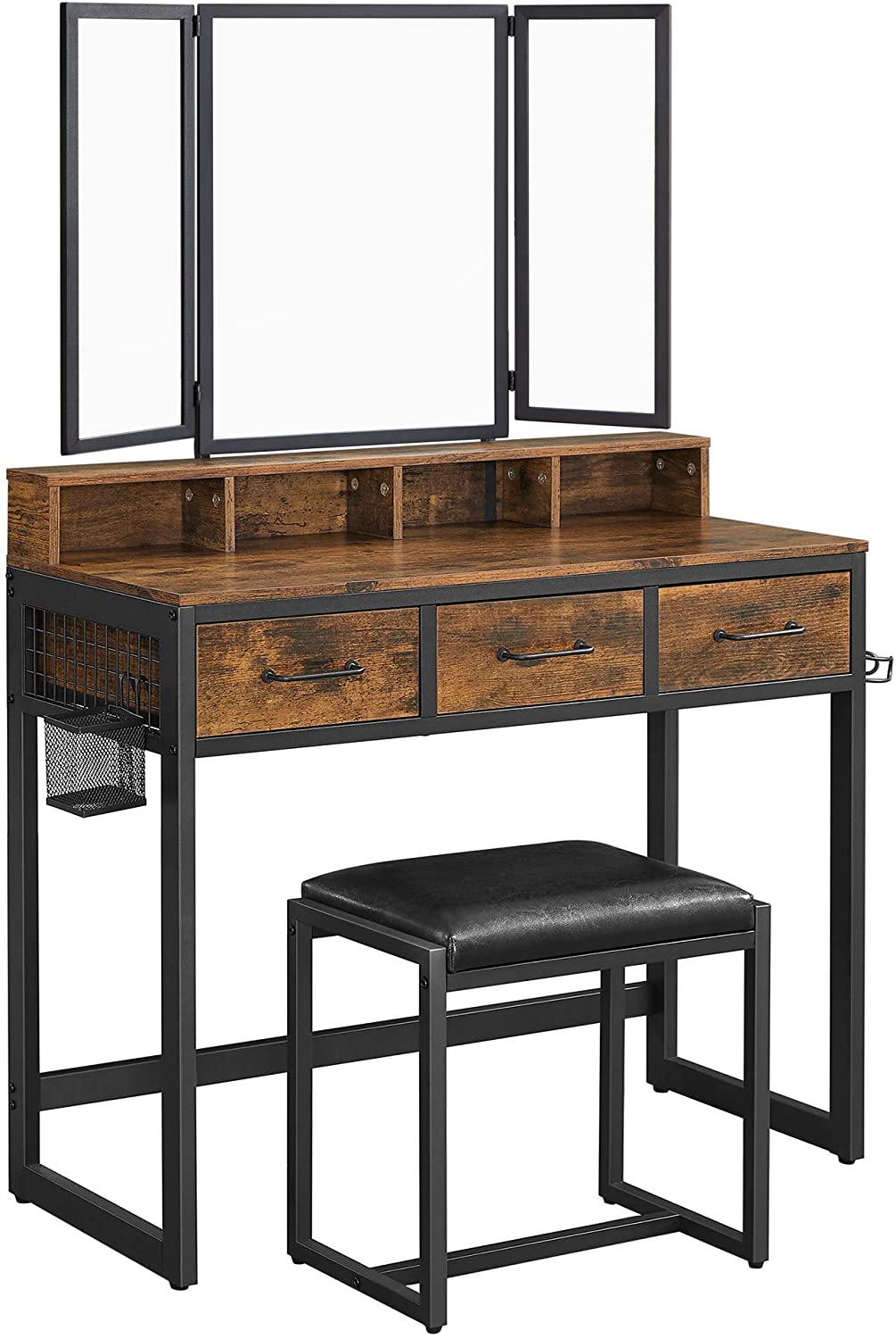 Dressing Table: Rustic Brown and Black Vanity Table with Upholstered Stool Set