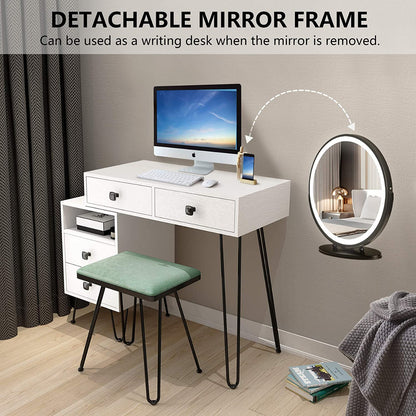 Dressing Table : Vanity Desk Set with Lighted Mirror & Cushioned Stool