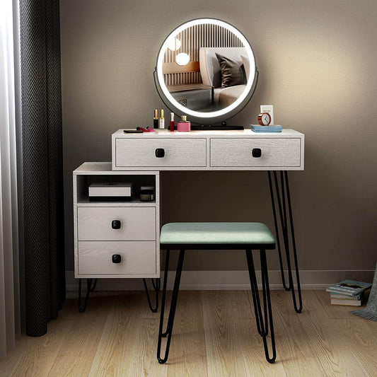 Dressing Table : Vanity Desk Set with Lighted Mirror & Cushioned Stool