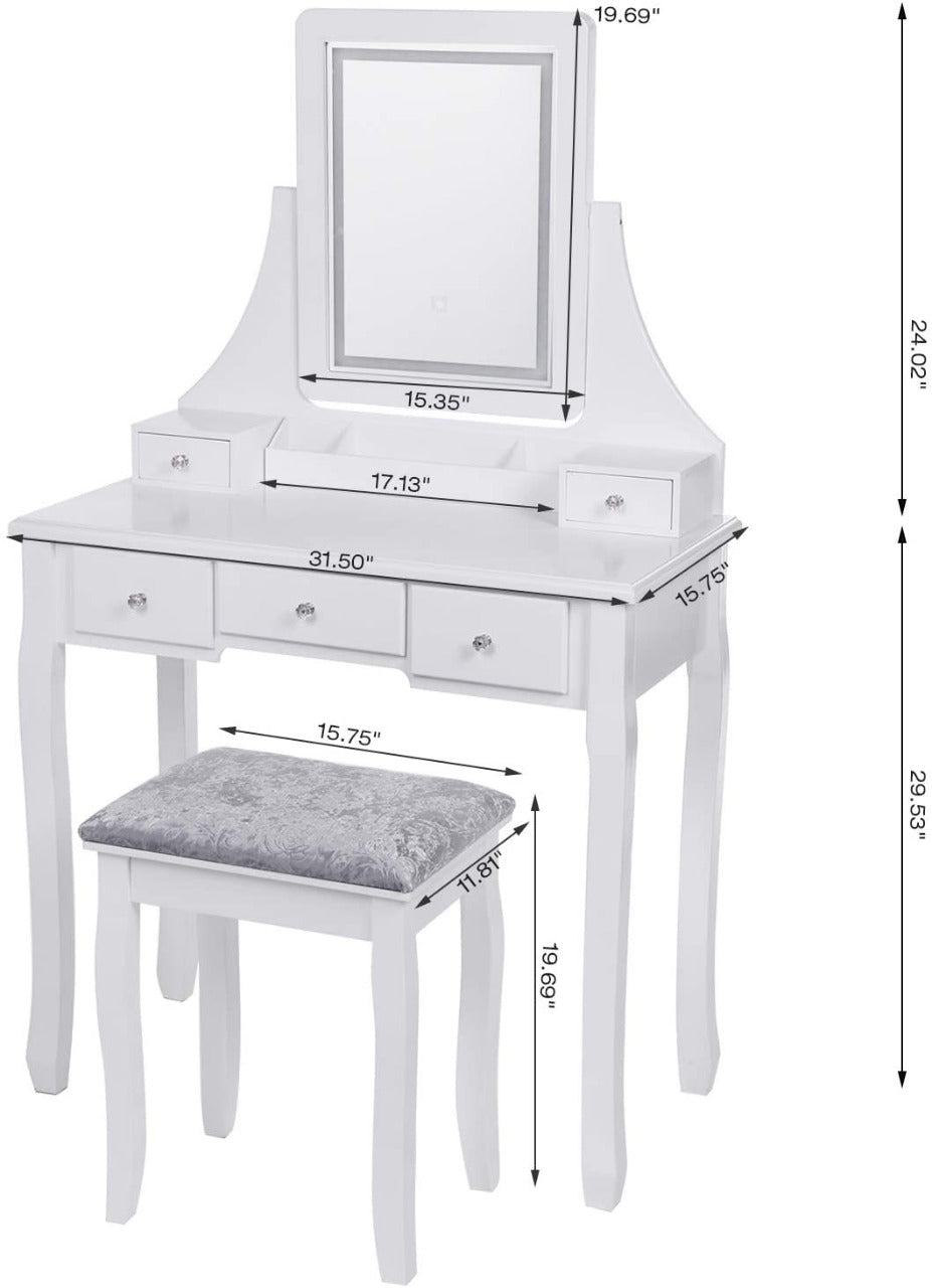 Dressing Table : Vanity Makeup Table with 5 Drawers ( White)