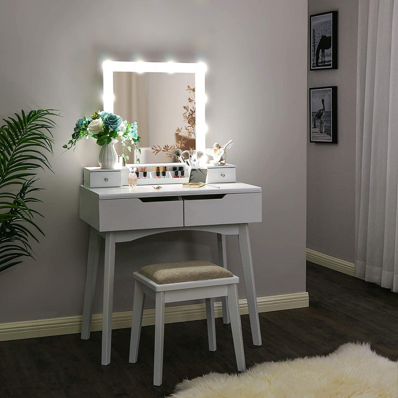 Dressing Table White Vanity Set with Lighted Mirror 10 LED