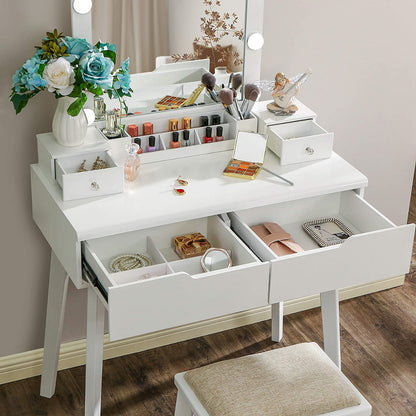 Dressing Table : Vanity Set with Lighted Mirror & 10 LED Bulbs  4 Drawers 2 DIY Dividers