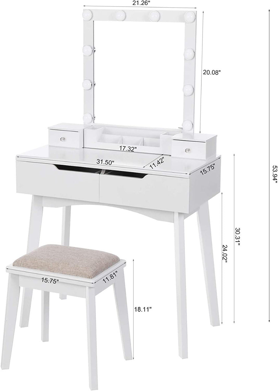 Dressing Table : Vanity Set with Lighted Mirror & 10 LED Bulbs  4 Drawers 2 DIY Dividers