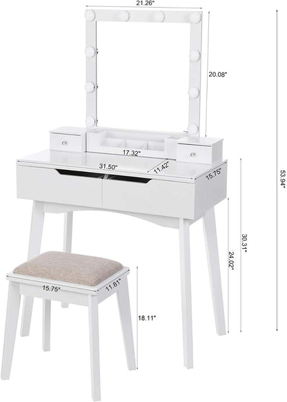 Dressing Table : Vanity Set with Lighted Mirror & 10 LED Bulbs  4 Drawers 2 DIY Dividers