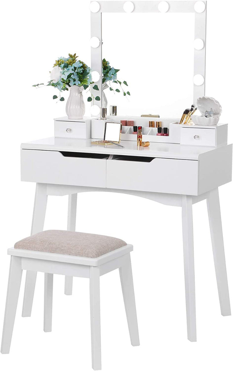 Dressing Table : Vanity Set with Lighted Mirror & 10 LED Bulbs  4 Drawers 2 DIY Dividers