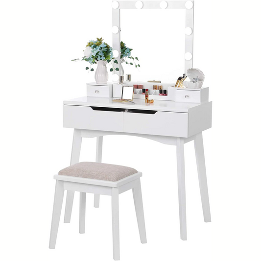 Dressing Table  Vanity Set with Lighted Mirror & 10 LED Bulbs  4 Drawers 2 DIY Dividers