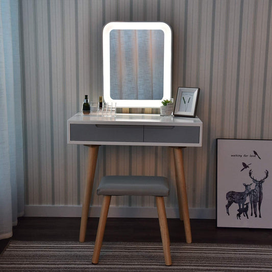 Dressing Table: Vanity Table Set with Adjustable Brightness Mirror 