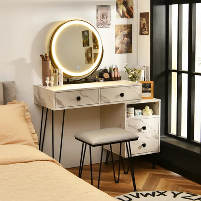 Dressing Table: Vanity Table Stool Set with Mirror