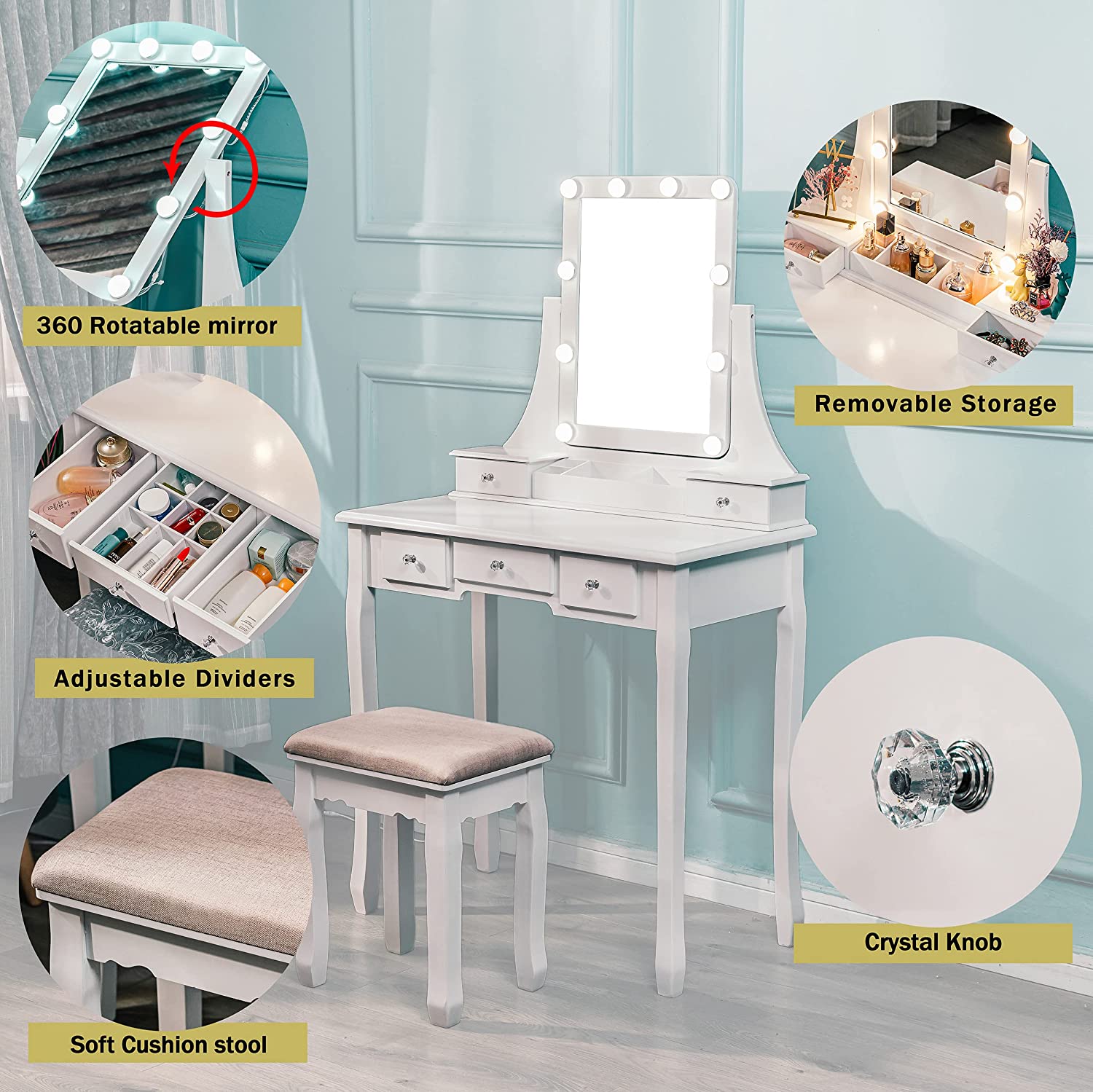 Dressing Table: Warm White Dressing Table with 10 Lights and 5 Drawers