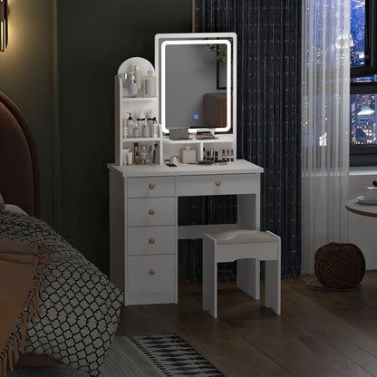 Dressing Table: White Dressing Table with 5 Drawers & Lighted Mirror