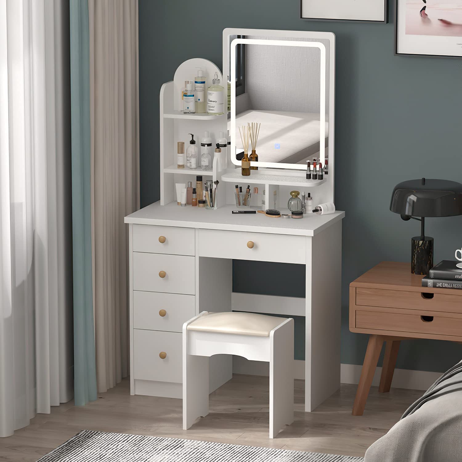 Dressing Table: White Dressing Table with 5 Drawers & Lighted Mirror