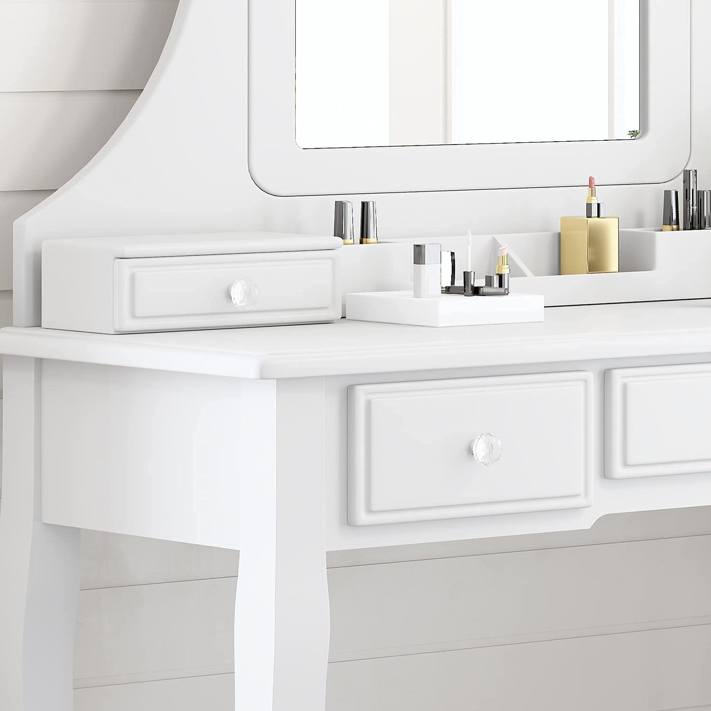 Dressing Table: White Dressing Table with 5 Storage Drawers and Mirror
