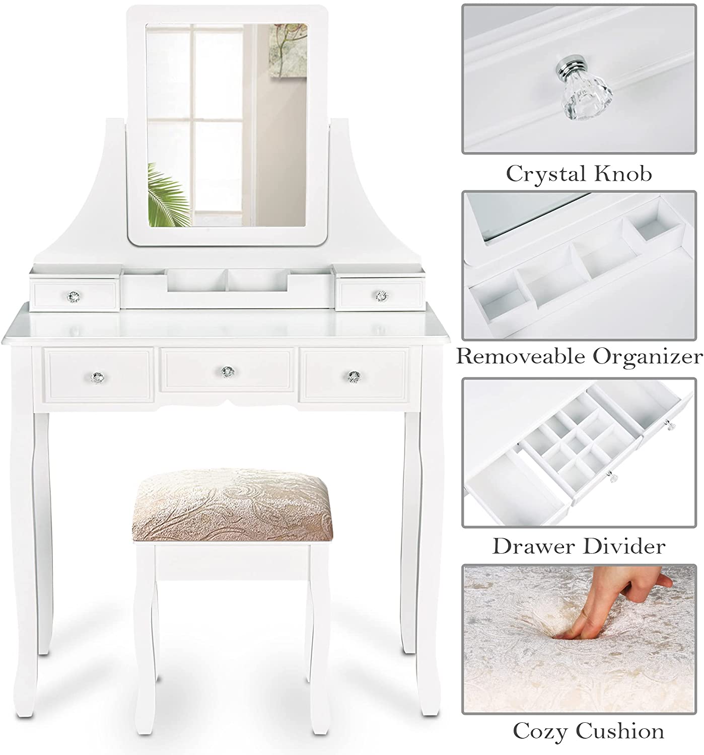 Dressing Table: White Dressing Table with 5 Storage Drawers and Mirror