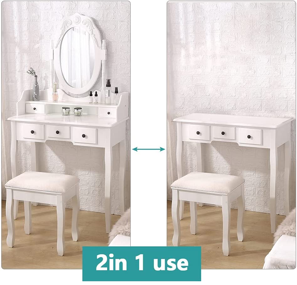 Dressing Table: White Dressing Table with Mirror & 5 Drawers