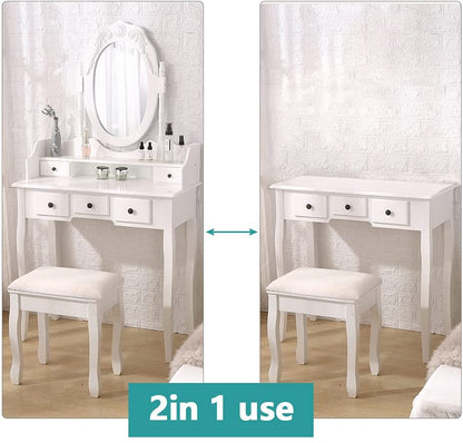 Dressing Table: White Dressing Table with Mirror & 5 Drawers