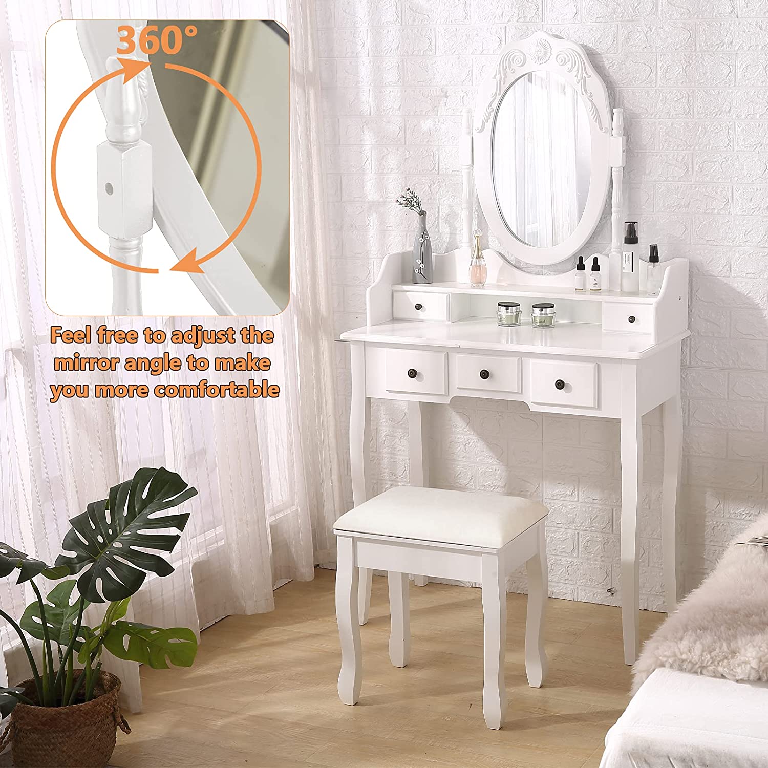 Dressing Table: White Dressing Table with Mirror & 5 Drawers