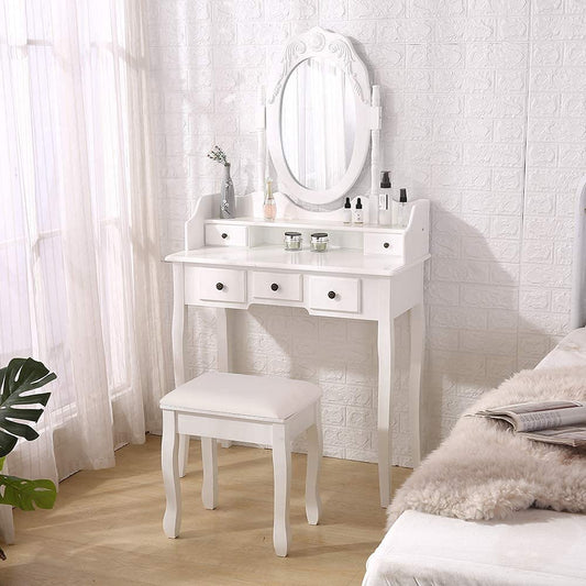 Dressing Table: White Dressing Table with Mirror & 5 Drawers