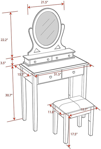 Dressing Table: White Vanity Desk with 360° Rotating Oval Mirror 
