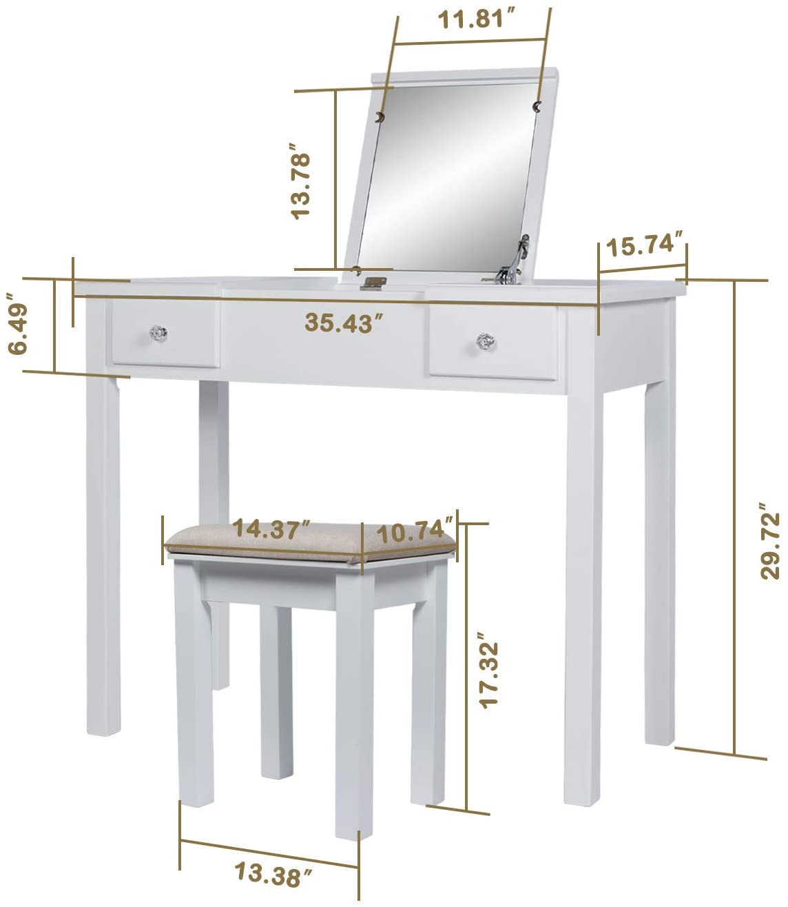 Dressing Table: White Vanity Desk with Flip Top Mirror