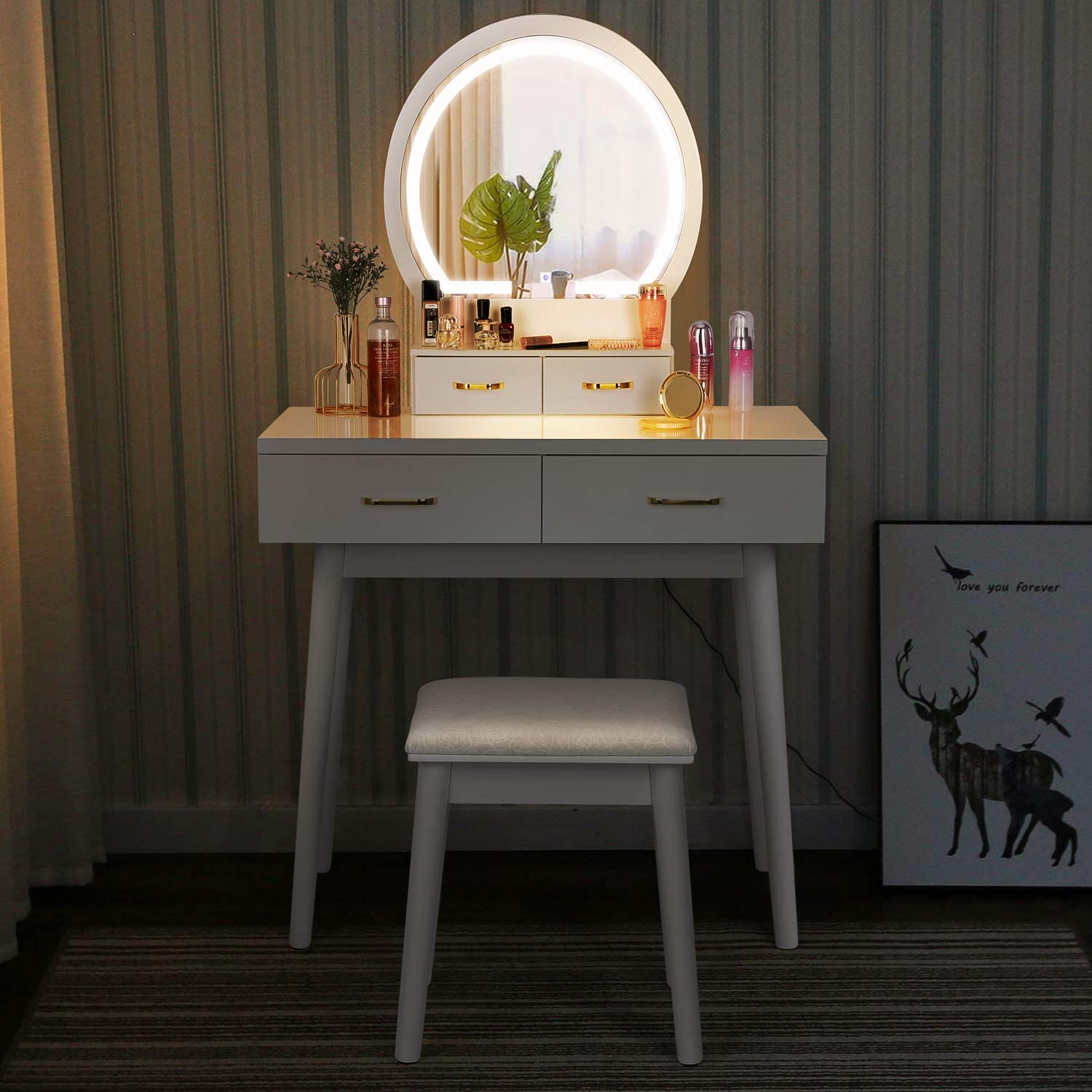 Dressing Table: White Vanity Desk with Lighted Mirror