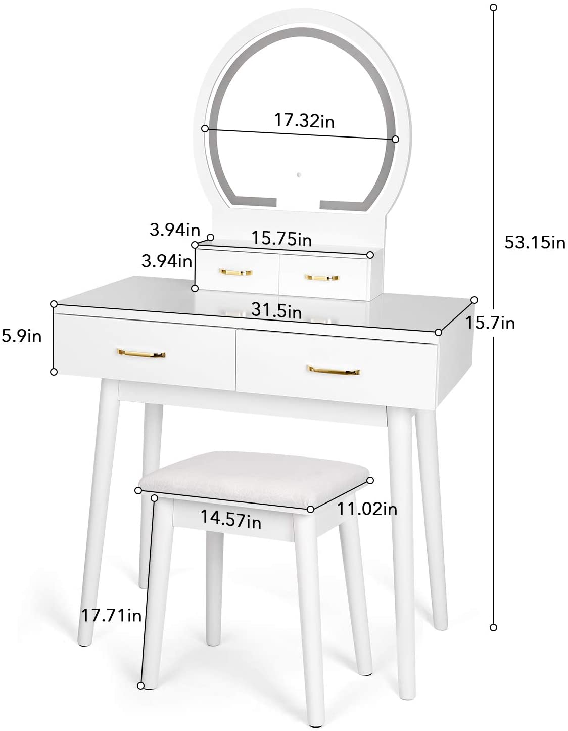 Dressing Table: White Vanity Desk with Lighted Mirror