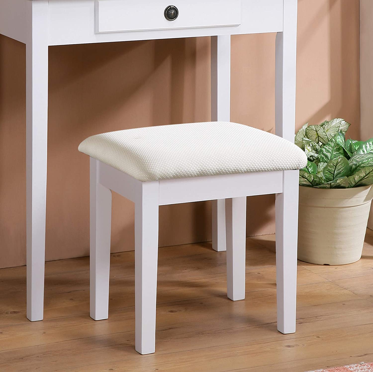 Dressing Table: White Vanity Table and Stool Set with Mirror