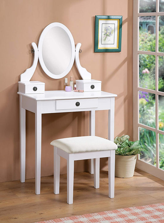 Dressing Table: White Vanity Table and Stool Set with Mirror