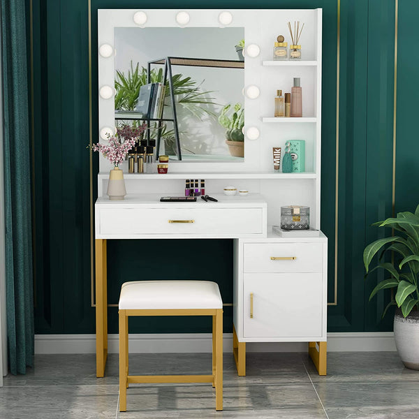 Dressing Table: White and Gold Vanity Set with Lighted Mirror & Stool