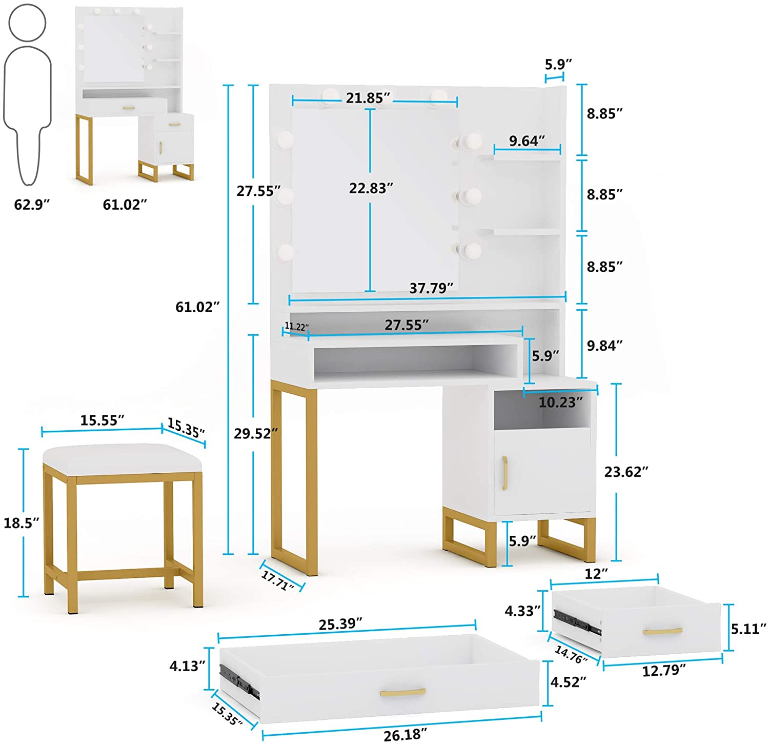 Dressing Table: White and Gold Vanity Set with Lighted Mirror & Stool