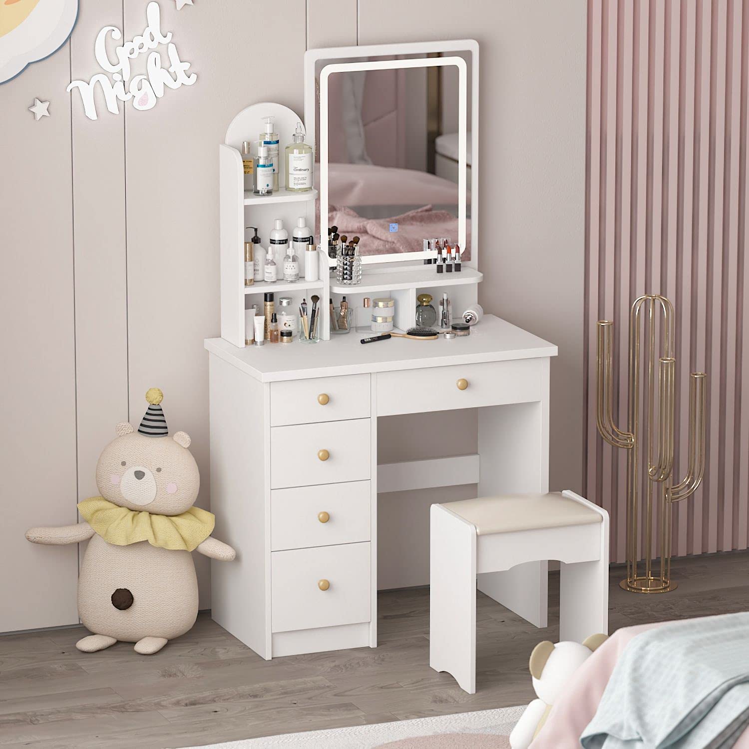 Dressing Table Wood Makeup Dressing Table with Cushioned Stool White